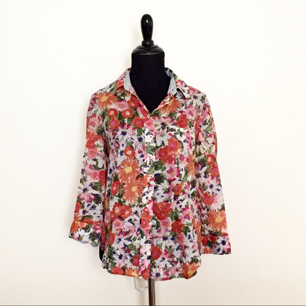 Floral colorful button down shirt w stripe accents